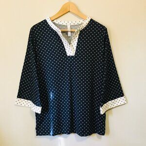 NWT Flora Nikrooz Soft Navy Blue 3/4 Sleeve White Trim Tunic Shirt